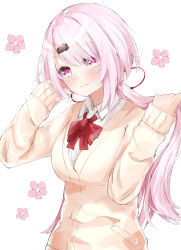 Rule 34 | 1girl, absurdres, akagikou, blush, bow, breasts, brown cardigan, cardigan, closed mouth, collared shirt, commentary request, eyes visible through hair, floral background, hair ornament, hair over one eye, hair ribbon, hairclip, hands up, highres, holding, holding hair, long hair, long sleeves, looking at viewer, low ponytail, medium breasts, nijisanji, pink hair, ponytail, purple eyes, red bow, red ribbon, ribbon, shiina yuika, shiina yuika (1st costume), shirt, simple background, sleeves past wrists, smile, solo, very long hair, virtual youtuber, white background, white shirt