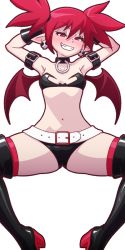 Rule 34 | 1girl, armband, arms behind head, belt, black collar, boots, breasts, collar, demon girl, demon wings, disgaea, earrings, etna (disgaea), grin, hair between eyes, high heel boots, high heels, jewelry, makai senki disgaea, micro shorts, midriff, mike inel, navel, pale skin, pointy ears, red eyes, red hair, shorts, skull earrings, small breasts, smile, solo, spread legs, thigh boots, thighhighs, transparent background, twintails, wings