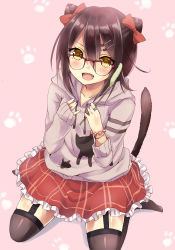 Rule 34 | 1girl, :d, black hair, black thighhighs, blush, bow, cat tail, collarbone, colorized, double bun, fang, garter straps, glasses, hair bow, hair bun, hair ornament, hairclip, holding, hood, hoodie, jewelry, maruki (punchiki), monochrome, open mouth, original, paw print, ring, sitting, skirt, smile, solo, tail, thighhighs, yamasuta, yellow eyes
