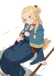 Rule 34 | 1girl, absurdres, blonde hair, blue capelet, braid, breasts, capelet, choker, closed mouth, dungeon meshi, head out of frame, highres, long hair, marcille donato, medium breasts, morisobo, nipples, one breast out, pulled by self, red choker, simple background, sitting, solo, twin braids, white background