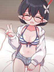 Rule 34 | 1girl, ayane (blue archive), ayane (swimsuit) (blue archive), bikini, bikini top only, black hair, blue archive, blush, breasts, cleavage, closed eyes, denim, denim shorts, flower, glasses, hair flower, hair ornament, halo, highres, hood, hoodie, medium breasts, naga u, navel, on bed, open clothes, open hoodie, open mouth, pointy ears, red-framed eyewear, short hair, short shorts, shorts, sitting, smile, solo, striped bikini, striped clothes, sweatdrop, swimsuit, v