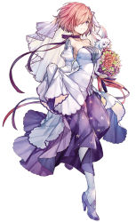Rule 34 | achan (blue semi), alternate costume, bare shoulders, bouquet, breasts, bridal gauntlets, bridal veil, bride, closed mouth, dress, eyes visible through hair, fate (series), flower, fou (fate), light purple hair, long sleeves, looking at viewer, mash kyrielight, pink hair, purple eyes, purple neckwear, short hair, sideboob, simple background, smile, solo, thighhighs, veil, wedding dress, white background, white thighhighs