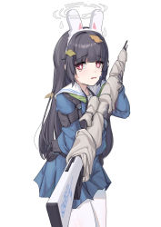 1girl, absurdres, animal ears, bangs, belt, belt pouch, black belt, black gloves, black hair, blue archive, blue serafuku, blue skirt, blunt bangs, bolt action, bright pupils, commentary, cowboy shot, fake animal ears, foreshortening, gloves, gun, halo, highres, holding, holding weapon, krifu, leaf, leaf on head, long hair, looking at viewer, miyu (blue archive), mosin-nagant, pantyhose, parted lips, pleated skirt, pouch, rabbit ears, raised eyebrows, red eyes, rifle, sailor collar, school uniform, serafuku, simple background, skirt, sniper rifle, solo, standing, tearing up, very long hair, wavy mouth, weapon, white background, white legwear, white pupils, white sailor collar