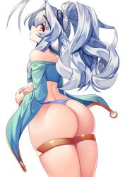 Rule 34 | 1boy, antenna hair, ass, bare shoulders, blush, brown eyes, detached sleeves, from behind, horns, htkku, long hair, looking at viewer, original, ponytail, shiny skin, silver hair, smile, solo, thong, trap