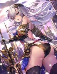 Rule 34 | 1girl, absurdres, armor, ass, bare back, bare shoulders, black thighhighs, blue eyes, blush, breasts, building, cloud, cloudy sky, fantasy, floating hair, from behind, from below, gauntlets, gloves, hair between eyes, hair ornament, hair ribbon, highres, holding, holding sword, holding weapon, long hair, looking at viewer, looking down, manichi, medium breasts, open mouth, original, panties, red sky, ribbon, scenery, silver hair, sky, solo, sword, thighhighs, tower, underwear, weapon, white gloves, zettai ryouiki
