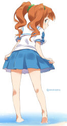 Rule 34 | 1girl, asoka, barefoot, blue eyes, blue sailor collar, blue skirt, brown hair, closed mouth, feet, from behind, full body, green scrunchie, hair ornament, hair scrunchie, heel up, idolmaster, idolmaster (classic), idolmaster million live!, idolmaster million live! theater days, kneepits, long hair, looking at viewer, looking back, pleated skirt, sailor collar, scrunchie, shirt, short sleeves, simple background, skirt, skirt hold, smile, soles, solo, standing, takatsuki yayoi, twintails, twitter username, wading, water, white background, white shirt