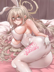 Rule 34 | 1girl, absurdres, akane (blue archive), akane (bunny) (blue archive), animal ears, ass, black-framed eyewear, blonde hair, blue archive, blush, breasts, fake animal ears, glasses, gloves, halo, happy birthday, highres, large breasts, leotard, long hair, looking at viewer, lying, noazzark, official alternate costume, on side, panties, pantyhose, playboy bunny, rabbit ears, smile, solo, underwear, white gloves, white leotard, white panties, yellow eyes, yellow halo
