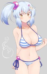 Rule 34 | 1girl, bad id, bad pixiv id, bikini, blue hair, blush, bombergirl, breasts, brown eyes, closed mouth, collarbone, frown, grey background, hair ornament, highres, large breasts, looking at viewer, mukuba, navel, shiro (bombergirl), short hair, side-tie bikini bottom, side ponytail, simple background, solo, standing, striped bikini, striped clothes, swimsuit, yellow eyes