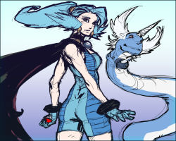 Rule 34 | 1girl, ass, bare arms, blue gloves, blue hair, bracelet, breasts, cape, clair (pokemon), creatures (company), dragonair, earrings, floating hair, game freak, gem, gen 1 pokemon, gloves, gym leader, hair ornament, high ponytail, holding, holding poke ball, jewelry, jipeto, long hair, looking back, nintendo, pearl (gemstone), poke ball, pokemon, pokemon (creature), pokemon hgss, ponytail, sketch, skin tight, standing
