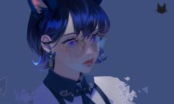 Rule 34 | 1girl, blue background, blue bow, blue eyes, blue hair, blue theme, bow, cat earrings, collared shirt, commentary, english commentary, hair behind ear, looking at viewer, original, portrait, shirt, short hair, solo, sunglasses, thick lips, white shirt, wowmoto2