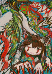 Rule 34 | 1girl, abstract, abstract background, animal ears, brown hair, colorful, dress, extra arms, fangs, hito (nito563), imaizumi kagerou, long hair, long sleeves, open mouth, red eyes, smile, solo, touhou, white dress, wolf ears