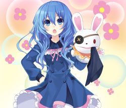 Rule 34 | &gt;:o, 10s, 1girl, :o, blue dress, blue eyes, blue hair, blush, collarbone, date a live, dress, eyepatch, flower, gradient background, hand on own hip, hand puppet, long hair, long sleeves, official art, puppet, rabbit, ribbon, tsunako, v-shaped eyebrows, wing collar, yoshino (date a live), yoshinon