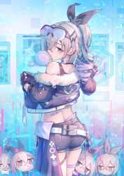Rule 34 | 5girls, absurdres, ass, bandaid, bare shoulders, black jacket, blowing bubbles, caisena, chibi, choker, commentary request, cowboy shot, cropped jacket, drill hair, from behind, grey eyes, grey hair, highres, honkai: star rail, honkai (series), jacket, long hair, long sleeves, looking at viewer, looking back, midriff, mini person, minigirl, multiple girls, off shoulder, ponytail, pouch, purple choker, purple shorts, short shorts, shorts, silver wolf (honkai: star rail), single bare shoulder, standing, thigh strap