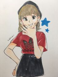 Rule 34 | 1girl, adidas, ahoge, black eyes, black headwear, brown hair, cheek squash, clenched teeth, commentary request, cowboy shot, hand on own hip, highres, kashikaze, looking at viewer, medium hair, real life, red shirt, saitou shuka, shirt, short sleeves, smile, solo, teeth, traditional media, translated, voice actor