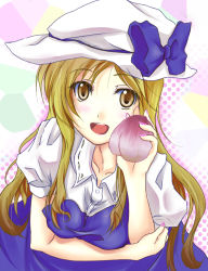 Rule 34 | 1girl, blonde hair, brown eyes, collarbone, female focus, food, fruit, hat, holding, holding food, holding fruit, long hair, peach, solo, touhou, watatsuki no toyohime