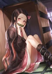 Rule 34 | 1girl, black hair, black legwear, brown hair, commentary request, fingernails, forehead, gradient hair, hair ribbon, hands on own face, hands up, indoors, japanese clothes, kamado nezuko, kim eb, kimetsu no yaiba, kimono, knees up, long hair, long sleeves, looking at viewer, multicolored hair, nail polish, obi, on floor, open clothes, pink eyes, pink kimono, pink nails, pink ribbon, ribbon, sash, sharp fingernails, signature, sitting, solo, twitter username, very long hair, wide sleeves