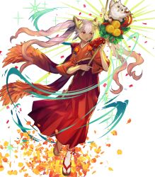 Rule 34 | 1girl, dark-skinned female, dark skin, fire emblem, fire emblem heroes, highres, holding rake, japanese clothes, kimono, laevatein (fire emblem), laevatein (new year) (fire emblem), multicolored hair, nintendo, non-web source, official alternate costume, official art, open mouth, orange hair, quad tails, rake, red eyes, red kimono, sandals, solo, tabi, two-tone hair, white hair