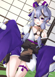 Rule 34 | 1girl, absurdres, bad id, bad pixiv id, black bow, black choker, blue kimono, bow, braid, breasts, choker, cleavage, collarbone, crescent, crescent hair ornament, dutch angle, fang, grey hair, hair between eyes, hair ornament, hair ribbon, hair stick, highres, horns, indoors, japanese clothes, kimono, kneeling, kurohikage, long hair, long sleeves, looking at viewer, medium breasts, mole, mole under mouth, nijisanji, o-ring, obi, off shoulder, on floor, oni, open mouth, pointy ears, pom pom (clothes), purple eyes, ribbon, rindou mikoto, sash, single bare shoulder, skin-covered horns, sleeves past wrists, smile, solo, tatami, thigh strap, virtual youtuber, wide sleeves