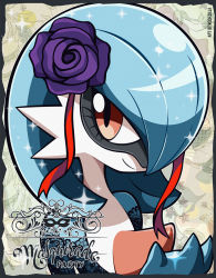 Rule 34 | 1girl, alternate color, artist name, black border, blue hair, blue skin, bob cut, border, closed mouth, clothed pokemon, colored skin, creatures (company), domino mask, english text, female focus, flat chest, flower, game freak, gardevoir, gen 3 pokemon, hair flower, hair ornament, hair over one eye, hair ribbon, hand up, happy, highres, lace, looking to the side, mask, multicolored skin, nintendo, one eye covered, pokemon, pokemon (creature), purple flower, purple rose, red eyes, red ribbon, ribbon, rose, shiny pokemon, short hair, smile, solo, sparkle, two-tone skin, upper body, watermark, white skin, woofzilla