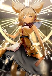 Rule 34 | 1girl, 258n, absurdres, backlighting, bare shoulders, beige shirt, blush, bracelet, breasts, earmuffs, feet out of frame, halo, halo behind head, hand up, highres, holding, holding stick, jewelry, light brown hair, long hair, looking at viewer, medium breasts, open mouth, pointy hair, ritual baton, sheath, sheathed, smile, solo, stick, sunburst, sword, touhou, toyosatomimi no miko, weapon, yellow eyes