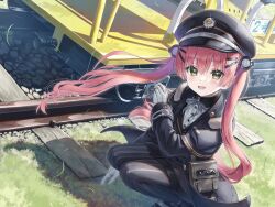 1girl absurdres blush coat floating_hair gloves grass hat highres kaniko_(rail_romanesque) long_hair looking_at_viewer maitetsu official_art open_mouth pantyhose peaked_cap pink_hair rail_romanesque railroad_tracks smile solo squatting striped_clothes striped_pantyhose taue_shunsuke twintails vertical-striped_clothes vertical-striped_pantyhose wind yellow_eyes