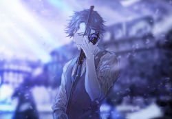 Rule 34 | 1boy, artist name, bad id, bad pixiv id, blue theme, blurry, blurry background, dress shirt, closed eyes, formal, han jumin, instrument, karaleba, male focus, music, necktie, outdoors, playing instrument, shirt, sleeves rolled up, solo, suit, susanghan messenger, upper body, violin, bow (music)