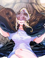 Rule 34 | 1girl, 1other, angel, angel girl, angewomon, digimon, digimon (creature), gerusyu, head wings, highres, long hair, mask, nervous, phallic symbol, ponytail, revealing clothes, shiny skin, very long hair, wide hips, wings, xuanwumon
