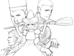 Rule 34 | 1girl, 4boys, broom, character request, greyscale, hat, kirisame marisa, marvel, monochrome, multiple boys, sketch, spider-man, spider-man (series), touhou, witch, witch hat, yu 65026