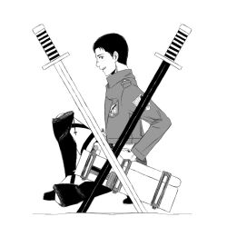 Rule 34 | 1boy, boots, cross, crossed swords, freckles, from side, full body, greyscale, kaos (kkkakao), knee boots, long sideburns, looking at viewer, looking to the side, male focus, marco bott, monochrome, official style, on one knee, paradis military uniform, shingeki no kyojin, short hair, sideburns, sideways glance, sitting, smile, solo, sword, three-dimensional maneuver gear, weapon