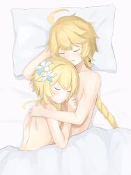 Rule 34 | 1boy, 1girl, aether (genshin impact), ahoge, blonde hair, braid, braided ponytail, brother and sister, closed eyes, earrings, flower, genjaku, genshin impact, hair between eyes, hair flower, hair ornament, highres, hug, incest, jewelry, light smile, long hair, lumine (genshin impact), nude, pillow, short hair with long locks, siblings, single earring, twincest, twins, under covers, upper body, white flower