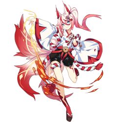 Rule 34 | 1girl, animal ears, blue eyes, closed mouth, detached sleeves, fire, fox ears, fox tail, full body, hair between eyes, hair ornament, higokumaru, honkai (series), honkai impact 3rd, japanese clothes, multicolored hair, multiple tails, official art, pink hair, red hair, red socks, sandals, smile, socks, solo, streaked hair, tail, tassel, tassel hair ornament, third-party source, transparent background