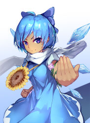 Rule 34 | &gt;:), 1girl, arm at side, arm up, beckoning, blue bow, blue dress, blue hair, bow, cirno, clenched hand, cowboy shot, dress, flower, flower necklace, hair bow, hidden star in four seasons, ice, ice wings, jewelry, looking at viewer, necklace, nezumi (pixiv8514388), outstretched arm, plant, purple eyes, scarf, short hair, short sleeves, smile, solo, sunflower, tan, tanned cirno, touhou, v-shaped eyebrows, vines, wings