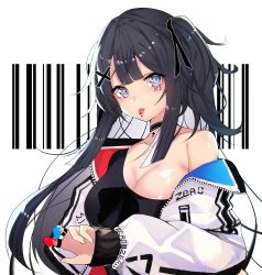 Rule 34 | 1girl, absurdres, bare shoulders, black hair, black ribbon, black shirt, blue eyes, blush, breasts, cleavage, collarbone, hair ornament, hair ribbon, highres, jacket, large breasts, long hair, long sleeves, looking at viewer, meow nyang, off shoulder, open clothes, open jacket, original, paint on fingers, piercing, puffy long sleeves, puffy sleeves, ribbon, shirt, sidelocks, solo, tongue, tongue out, tongue piercing, twintails, uneven twintails, upper body, very long hair, white background, white jacket, x hair ornament