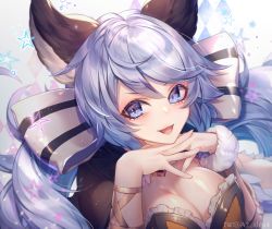 Rule 34 | 1girl, black capelet, blue eyes, blush, bow, breasts, capelet, cleavage, dress, granblue fantasy, hair bow, kogome (azalea4), large breasts, light purple hair, long hair, looking at viewer, low twintails, open mouth, satyr (granblue fantasy), smile, star (symbol), striped, striped bow, twintails, very long hair, white bow