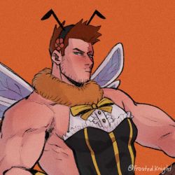 Rule 34 | 1boy, bara, bare shoulders, beard, bee boy, bee costume, black leotard, blue eyes, blush, boku no hero academia, bow, bowtie, covered abs, crossdressing, endeavor (boku no hero academia), facial hair, fishnet legwear, fishnets, full body, large pectorals, leo (frosted knight), leotard, looking at viewer, male focus, mature male, muscular, muscular male, pectorals, red hair, scar, scar across eye, scar on face, short hair, sideburns, sidepec, solo, spiked hair, stubble, upper body, wings