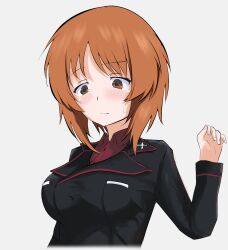 Rule 34 | 1girl, black jacket, blush, boko dream, brown eyes, brown hair, closed mouth, commentary, dress shirt, frown, girls und panzer, grey background, half-closed eyes, insignia, jacket, kuromorimine military uniform, light frown, long sleeves, looking at viewer, military uniform, nishizumi miho, red shirt, shirt, short hair, simple background, solo, sweatdrop, uniform, upper body, wing collar