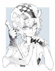 Rule 34 | 1girl, animal ear fluff, animal ears, arknights, armpit crease, bare shoulders, cliffheart (arknights), closed mouth, commentary, gloves, greyscale, hair between eyes, hat, highres, holding, hook, leopard ears, leopard girl, monochrome, short hair, simple background, solo, upper body, vhdtyzusixc7fai