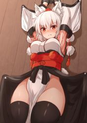 Rule 34 | &gt;:(, 1girl, alternate costume, animal ear fluff, animal ears, arms up, bare shoulders, bdsm, black thighhighs, blush, bolt (hardware), bondage, bound, breasts, commentary request, cowboy shot, cuffs, groin, hair between eyes, hat, highres, inubashiri momiji, japanese clothes, kimono, kourindou tengu costume, long sleeves, looking at viewer, medium breasts, nail, no panties, nose blush, obi, pelvic curtain, pom pom (clothes), red eyes, red sash, restrained, sash, shackles, shadow, short hair, silver hair, solo, tassel, tears, thick thighs, thighhighs, thighs, tksand, tokin hat, touhou, v-shaped eyebrows, white kimono, wide sleeves, wolf ears