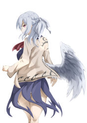 Rule 34 | 1girl, absurdres, angel wings, ascot, ass, bad id, bad pixiv id, beige jacket, braid, breasts, dress, facing away, feathered wings, feet out of frame, french braid, hair between eyes, highres, jacket, kishin sagume, large breasts, looking back, medium hair, open clothes, open jacket, otomeza ryuseigun, panties, panty peek, pink eyes, profile, purple dress, red ascot, silver hair, simple background, single wing, solo, standing, touhou, underwear, white background, wings