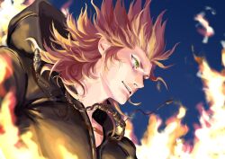 Rule 34 | 1boy, axel (kingdom hearts), black robe, blue background, facial mark, facing to the side, fire, fire, furrowed brow, green eyes, hair slicked back, hood, hood down, hooded robe, jewelry, kingdom hearts, kingdom hearts ii, long hair, male focus, mukashino, necklace, parted lips, red hair, robe, short eyebrows, sideburns, solo, upper body