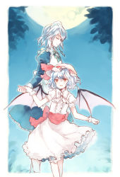 Rule 34 | 2girls, bad id, bad pixiv id, bat wings, blue hair, bow, braid, closed eyes, female focus, full moon, gloves, holding hands, height difference, highres, izayoi sakuya, maid, moon, multiple girls, red eyes, remilia scarlet, shiina aya, touhou, wings