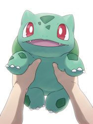 Rule 34 | bulbasaur, claws, commentary request, creatures (company), fangs, fingernails, game freak, gen 1 pokemon, highres, holding, holding pokemon, nintendo, official style, open mouth, pokemon, pokemon (creature), red eyes, ryanpei, white background