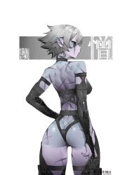 Rule 34 | 1girl, ass, back, bare shoulders, black choker, black gloves, black sclera, bridal gauntlets, choker, closed mouth, colored sclera, colored skin, covered erect nipples, earrings, elbow gloves, garter straps, gloves, green eyes, grey hair, grey skin, highres, jewelry, liren44, looking back, omega symbol, original, pointy ears, purple skin, scar, scar across eye, scar on ass, scar on back, scar on face, short hair, single earring, solo, thigh strap, twitter username, white background