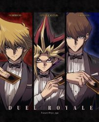 Rule 34 | 3boys, alternate costume, black hair, blonde hair, blue eyes, bow, bowtie, bright pupils, brown eyes, brown hair, buttons, card, commentary request, dyed bangs, hair between eyes, hand up, highres, holding, holding card, jacket, jacket on shoulders, jonouchi katsuya, kaiba seto, long sleeves, looking at viewer, multicolored hair, multiple boys, red hair, shirt, soya (sys ygo), spiked hair, twitter username, white pupils, white shirt, yami yugi, yu-gi-oh!, yu-gi-oh! duel monsters