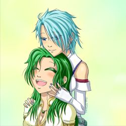 Rule 34 | 2girls, bare shoulders, belt, blue eyes, blue hair, blush, breasts, cleavage, dress, earrings, elbow gloves, elincia ridell crimea, closed eyes, fingerless gloves, fire emblem, fire emblem: radiant dawn, from behind, gloves, green hair, hand on shoulder, happy, jewelry, long hair, lucia (fire emblem), multiple girls, nail polish, necklace, nintendo, pegasus knight uniform (fire emblem), queen, short hair, smile, yuri