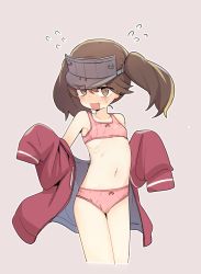 Rule 34 | 1girl, absurdres, blush, bra, brown eyes, brown hair, flat chest, flying sweatdrops, happi, highres, japanese clothes, kantai collection, long hair, luke (dydansgur), navel, open mouth, panties, ryuujou (kancolle), solo, training bra, twintails, underwear, underwear only, visor cap, yellow eyes
