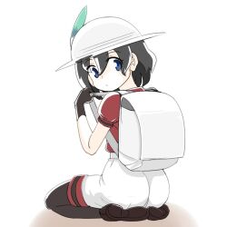 Rule 34 | 1girl, ass, backpack, bag, black gloves, black hair, black pantyhose, blue eyes, brown footwear, from behind, gloves, good ass day, hair between eyes, hat feather, helmet, kaban (kemono friends), kemono friends, loafers, msl2go, pantyhose, pith helmet, puffy short sleeves, puffy sleeves, red shirt, seiza, shirt, shoes, short hair, short sleeves, shorts, sidelocks, sitting, solo, t-shirt, white shorts