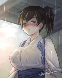 Rule 34 | 10s, 1girl, brown eyes, brown hair, from behind, highres, japanese clothes, kaga (kancolle), kantai collection, matching hair/eyes, rain, sasachin (k+w), shaded face, shed, short hair, side ponytail, solo, standing, tasuki, unamused, wet, wet clothes