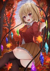 Rule 34 | 1girl, autumn leaves, bat wings, black thighhighs, blonde hair, blush, breasts, brown neckwear, brown skirt, buttons, center frills, clenched hand, cloud, collared shirt, crystal, ekidona, falling leaves, flandre scarlet, frilled skirt, frills, leaf, long hair, long sleeves, maple leaf, medium breasts, aged up, on ground, one side up, open mouth, outdoors, partially unbuttoned, pleated skirt, red eyes, red vest, shirt, side ponytail, skirt, sky, smile, solo, sunset, thighhighs, touhou, tree, vest, white shirt, wings