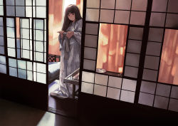 Rule 34 | 1girl, brown eyes, brown hair, highres, japanese clothes, kimono, morifumi, ryokan, shouji, sliding doors, solo, yukata